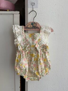 Happily Grey baby bow tie ruffle lace floral one piece